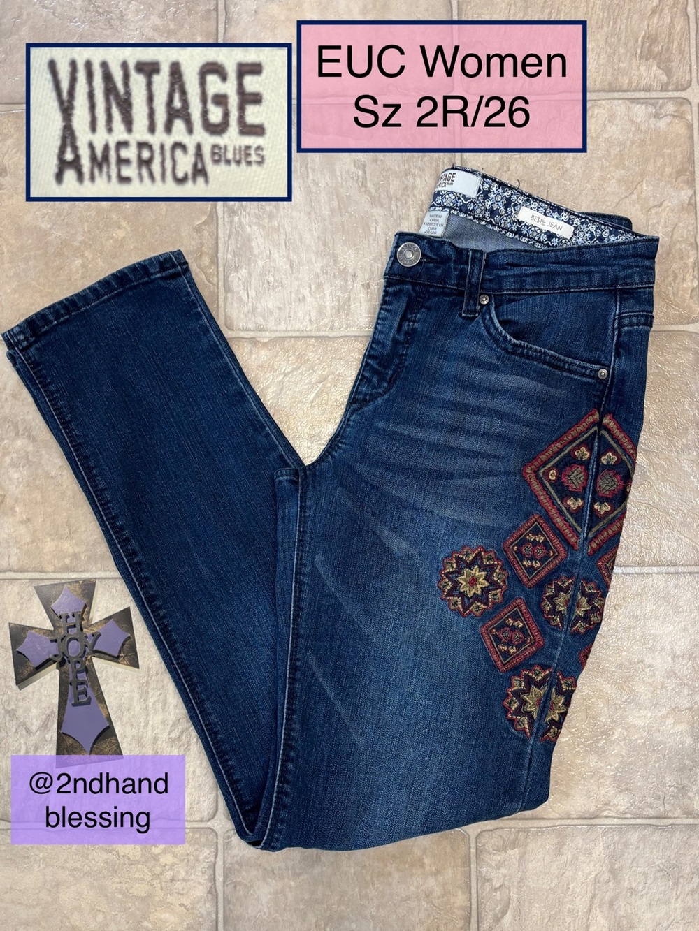 EUC Vintage America Blues Garcia Bestie Jeans Sz 2, Red Gold Embroidery, Boho